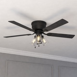 Cromwell 52 in. Matte Black Low Profile Flush Mount Ceiling Fan Reversible Black-Oak Blades, LED Light Kit Pull Chain and Remote