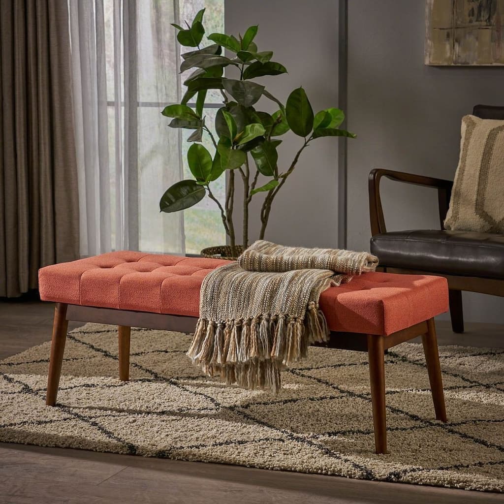Mid-Century Tufted Ottoman with Rubberwood Frame by Christopher Knight Home