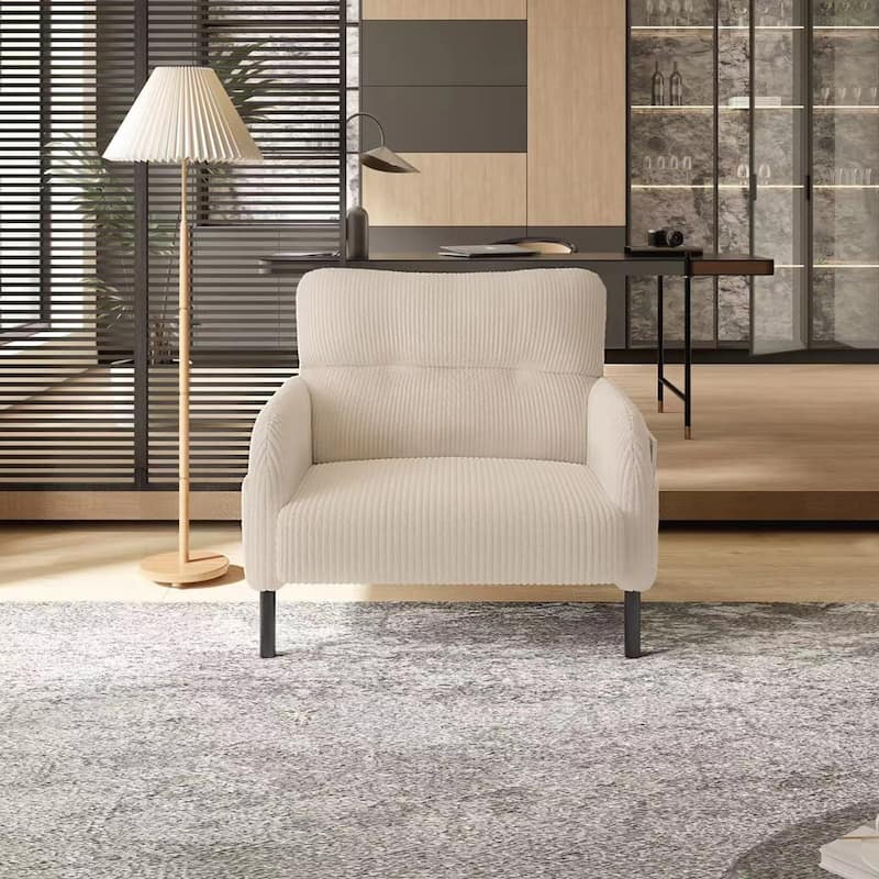 Corduroy Fabric, Comfortable Monochrome Single Person Wide Seat Chair, Suitable For Living Rooms And Bedrooms - Beige
