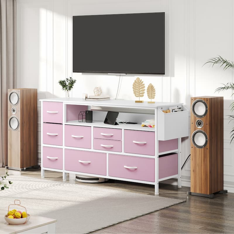 Moasis 50"W 9-drawer Fabric Dresser, Media Console, TV Stand with Outlets, RGB Lights