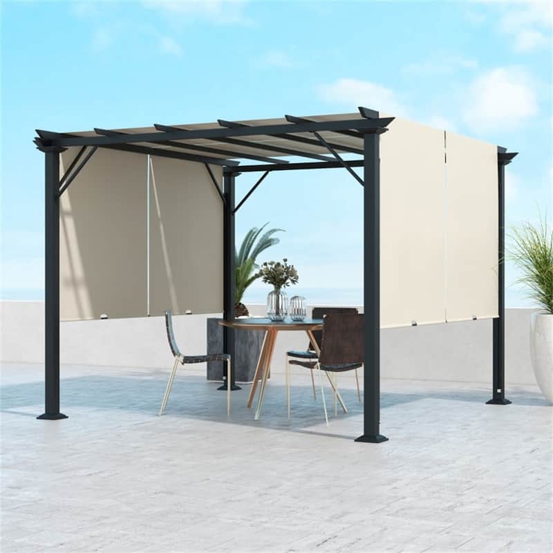 Steel Pergola with Sliding UV Resistant Canopy Outdoor Patio Backyard Garden Shade - 10' L x 10' W x 7.2' H - Beige-Black