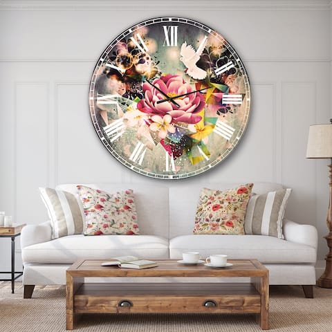 Designart 'Flowers and Dove Abstract Design' Floral Large Wall CLock