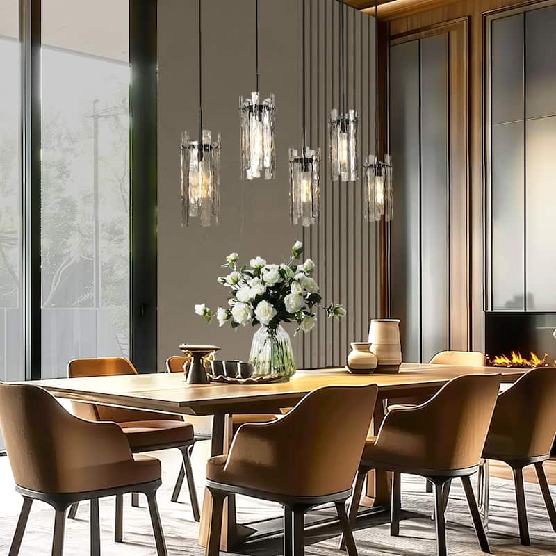 Modern 5-Light 52.7" W Linear Chandelier Texture Glass Pendant Island Light - Black - W59.1"xD7.9"xH80.5"