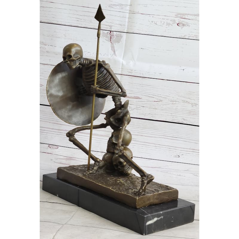 Skeleton Warrior W/ Shield And Spear Bronze Statue Sculpture Marble Base 12 Inches X 10 Inches