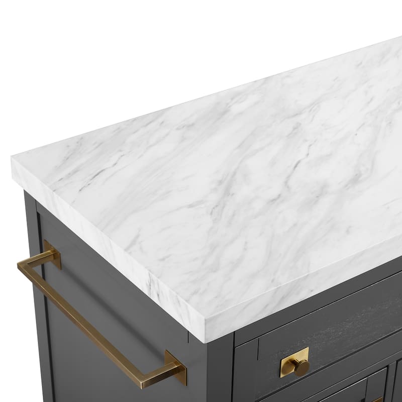 Gray Kitchen Island with White Faux Marble Countertop, Cabinets, Drawers, and Elegant Hardware for Modern Homes