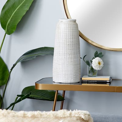 White Ceramic Textured Crosshatch Decorative Vase