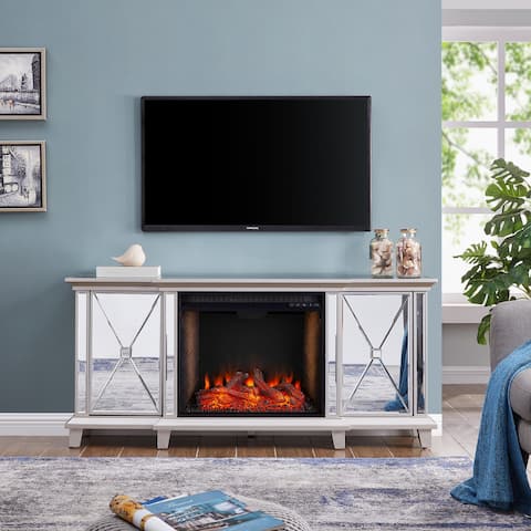 SEI Furniture Talmar Mirrored Fireplace Media TV Stand w/ Alexa Firebox