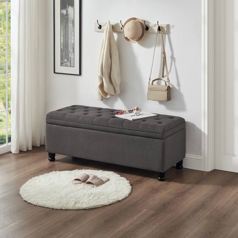 Linen Fabric Tufted Button Storage Bench with Spindle Wooden Legs
