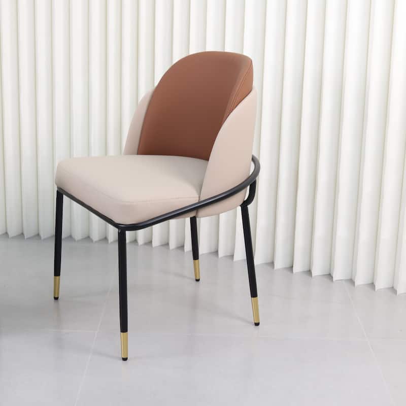 Set of 2 Kitchen Leather Two Toned Leisure Upholstered Seat Dining Room Chairs with Metal Legs
