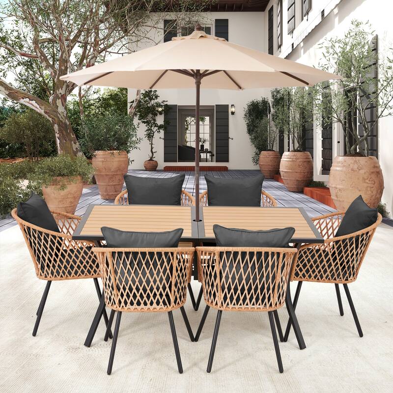 EROMMY 7 Piece Outdoor Dining Set with Umbrella Hole, Patio Table and 6 Rattan Chairs with Cushions, Weather-Resistant Furniture