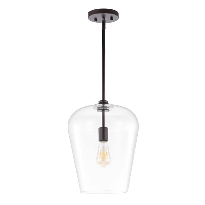 Ikon 11.25" 1-Light Industrial Farmhouse Iron/Glass LED Pendant, Oil Rubbed Bronze/Clear by JONATHAN Y