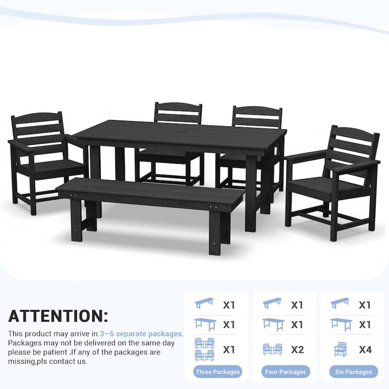 6-Piece HDPE Outdoor Dining Table Sets with Umbrella Hole - 1-Table 4-Chairs-1-Bench
