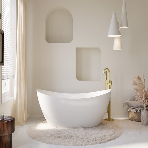 slide 2 of 28, Freestanding Soaking Bathtub,100% Pure Virgin Acrylic with Drain And Groove Overflow,Glossy White 60" L