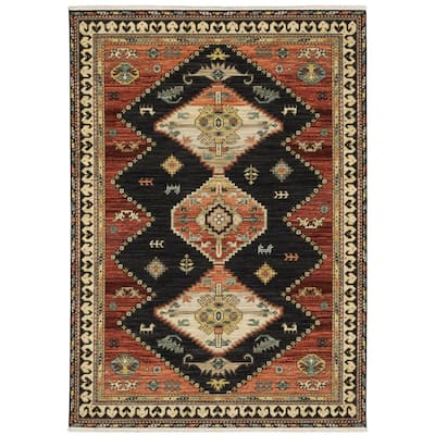 Style Haven Leander Tribal Triple Medallion Charcoal/ Multi Fringed Wool Blend Rug-
