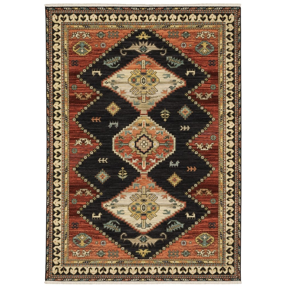 Style Haven Leander Tribal Triple Medallion Charcoal/ Multi Fringed Wool Blend Rug-