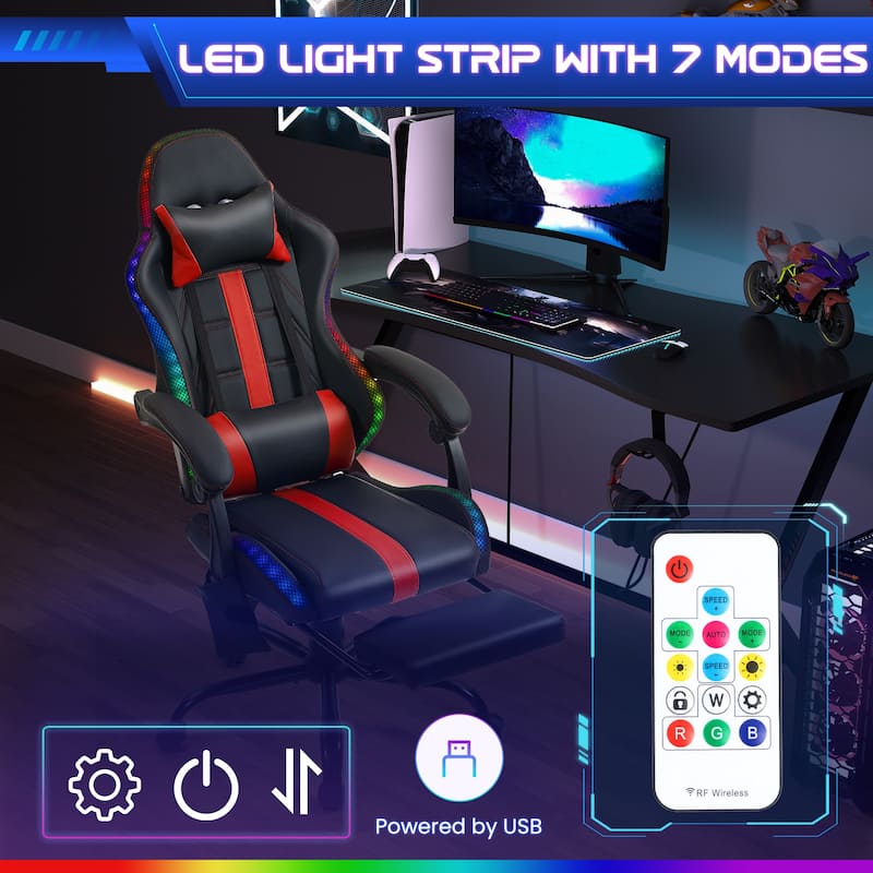 EROMMY RGB LED Gaming Chair with Thickened Massage Lumbar Pillow & Upgraded Footrest, Reclining Ergonomic Chair