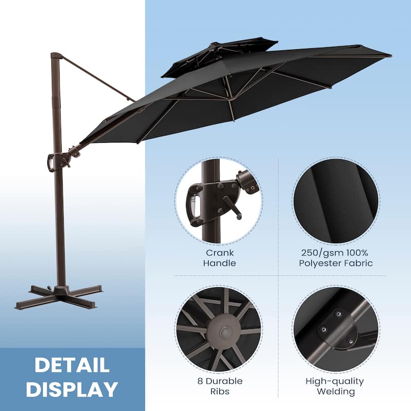 11 FT Outdoor Solar-Powered LED Light Aluminum Double Top Patio Cantilever Umbrella with Fillable Base