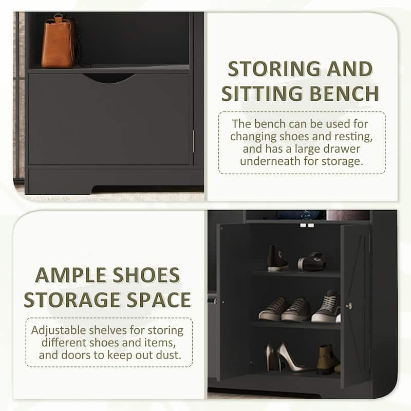 Multi-functional Hall Tree with Bench and Shoe Storage,Entryway Hall Tree with Coat Rack