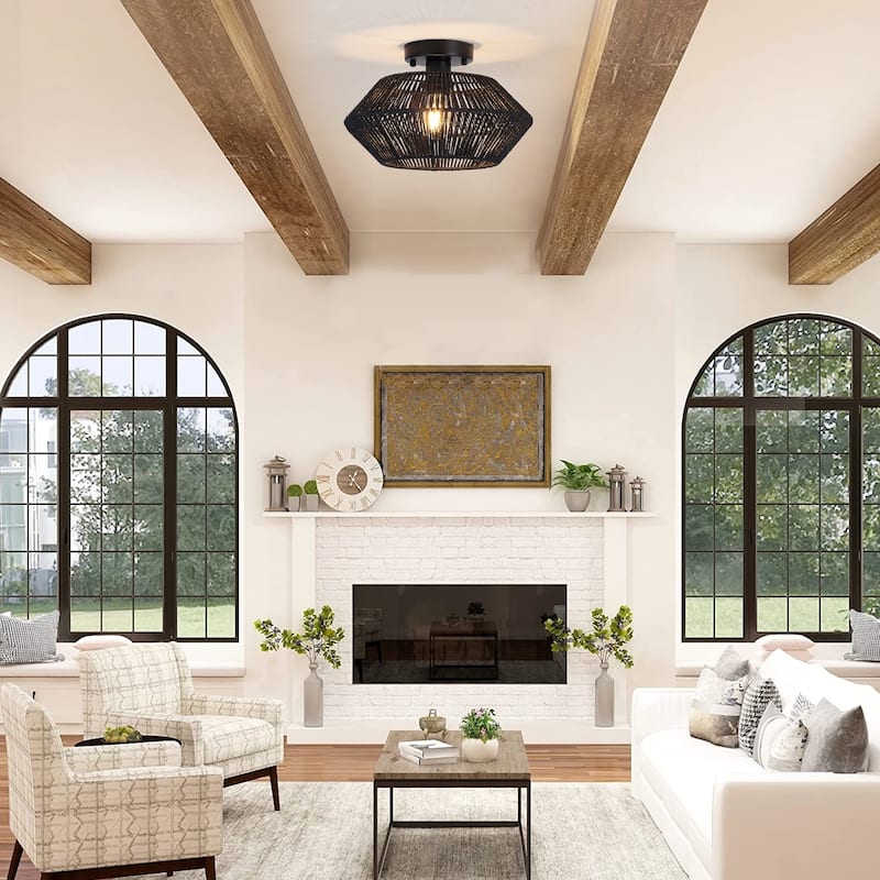 1-Light Farmhouse Style Classic Semi Flush Mount Chandelier, Hand-Woven Semi-Flush Mount Ceiling Light with Drum Shade