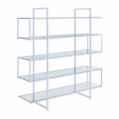 Bookcase with 5 Tier Glass Shelves and Metal Frame, Silver