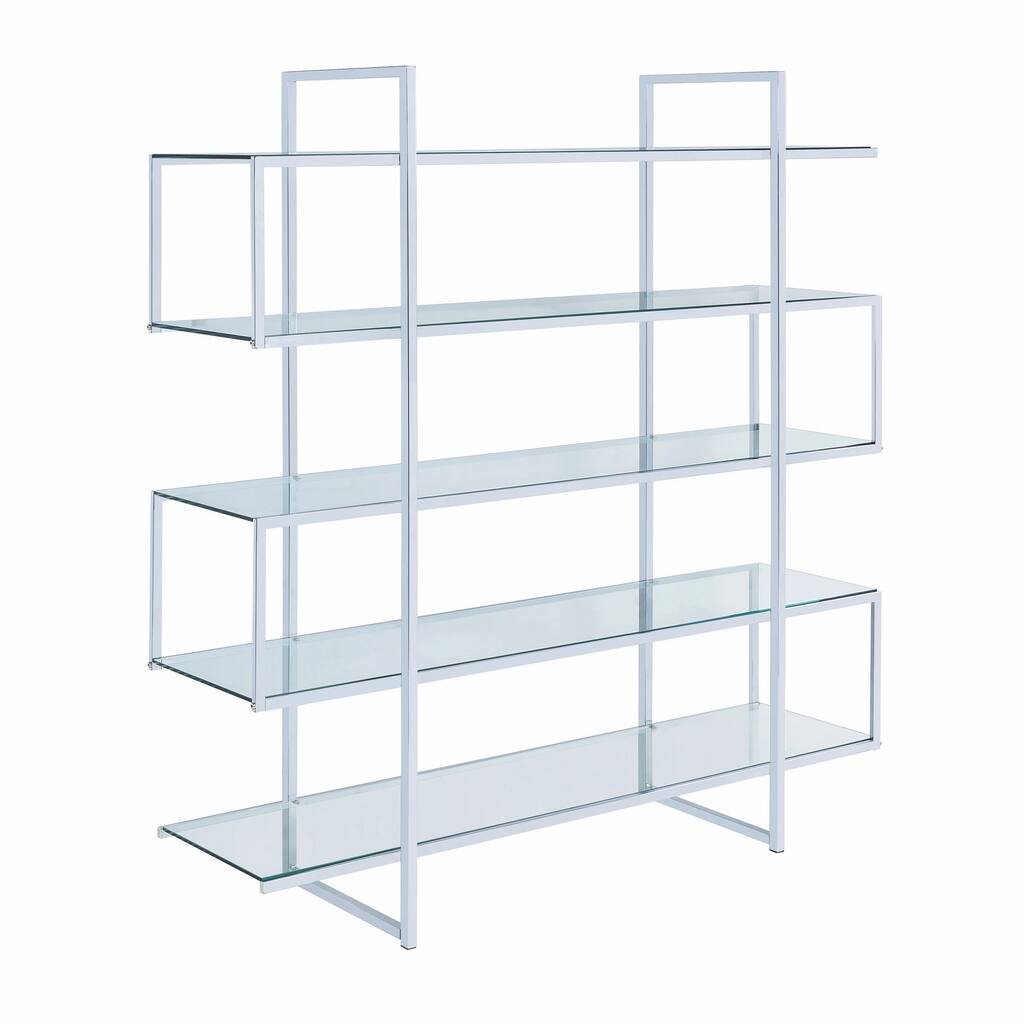Bookcase with 5 Tier Glass Shelves and Metal Frame, Silver