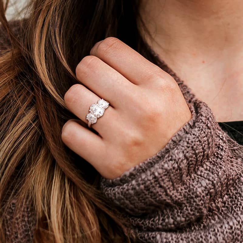 Miadora 4ct DEW Oval-cut Created Moissanite Three-Stone Engagement Ring in Sterling Silver