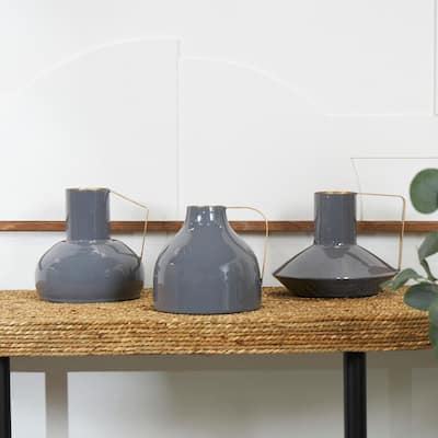 CosmoLiving by Cosmopolitan Metal Enameled Abstract Vase with Varying Shapes and Geometric Gold Handles (Set of 3)