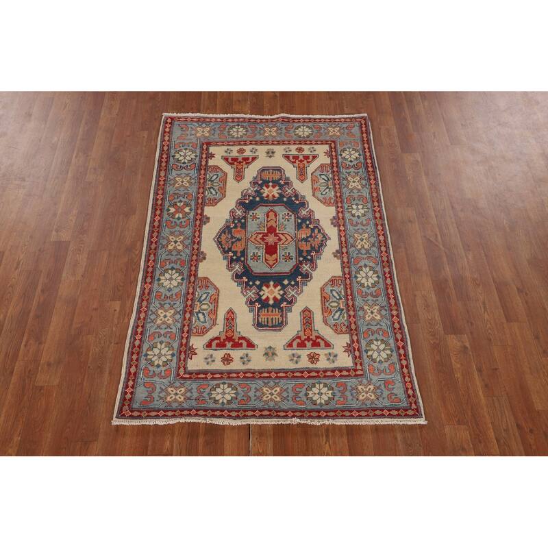 Ivory Geometric Kazak Foyer Rug Handmade Wool Carpet - 3'6" x 5'3"