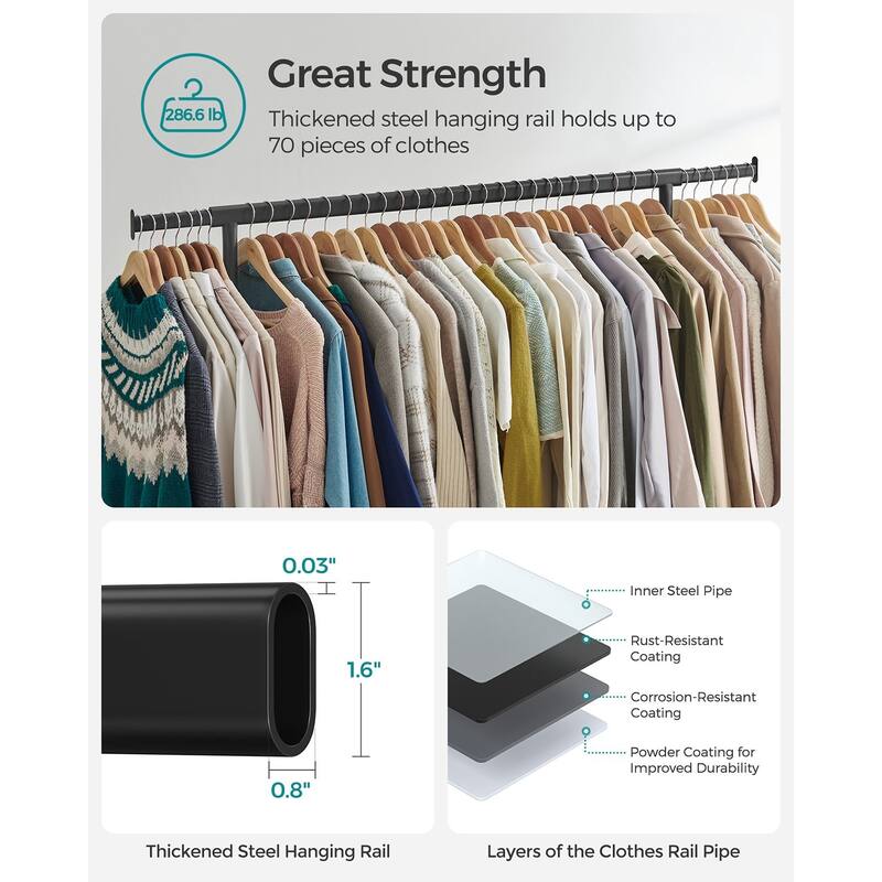 Rolling Clothes Rack with Sturdy Steel Tubes and Extra Load Capacity 2 Lockable Casters - 43.3" x 17.7" x 63"