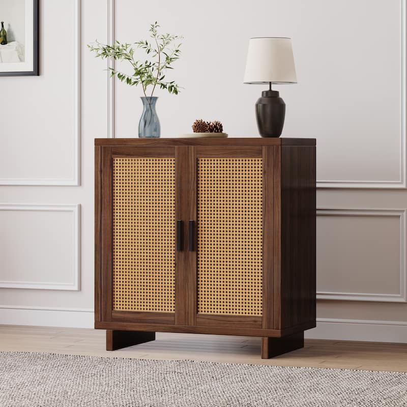 Wood Accent Cabinet Sideboard Buffet with Rattan Doors - Espresso