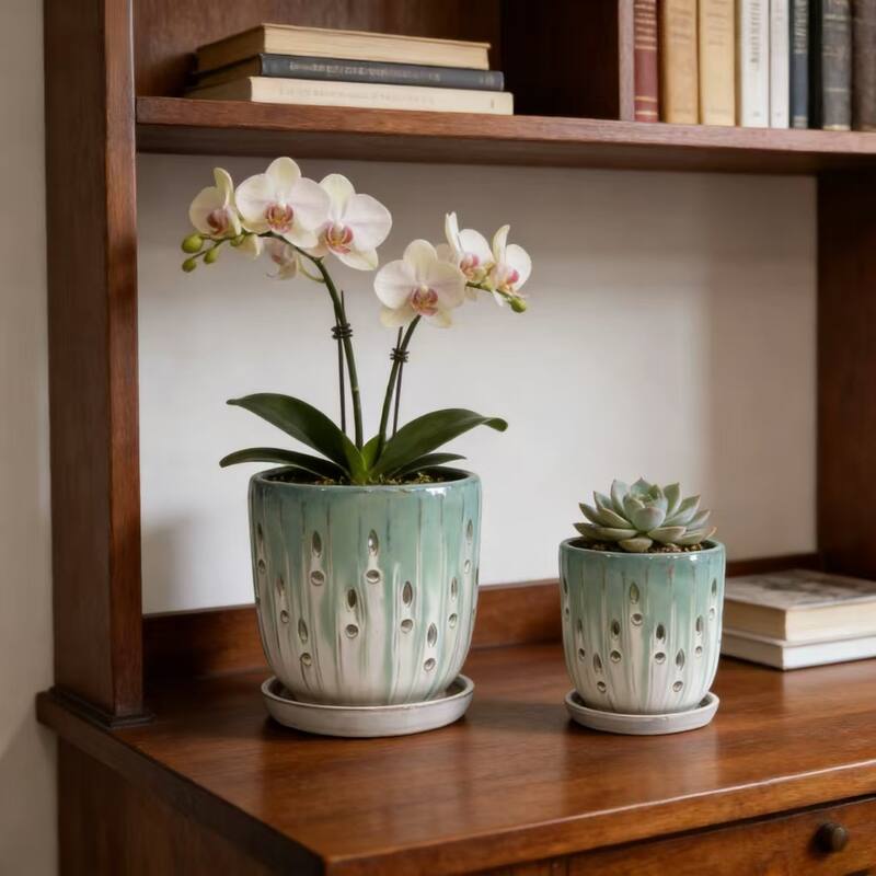 Anmytek Handmade Ceramic Planter Set of 2 with Side Holes for Orchids
