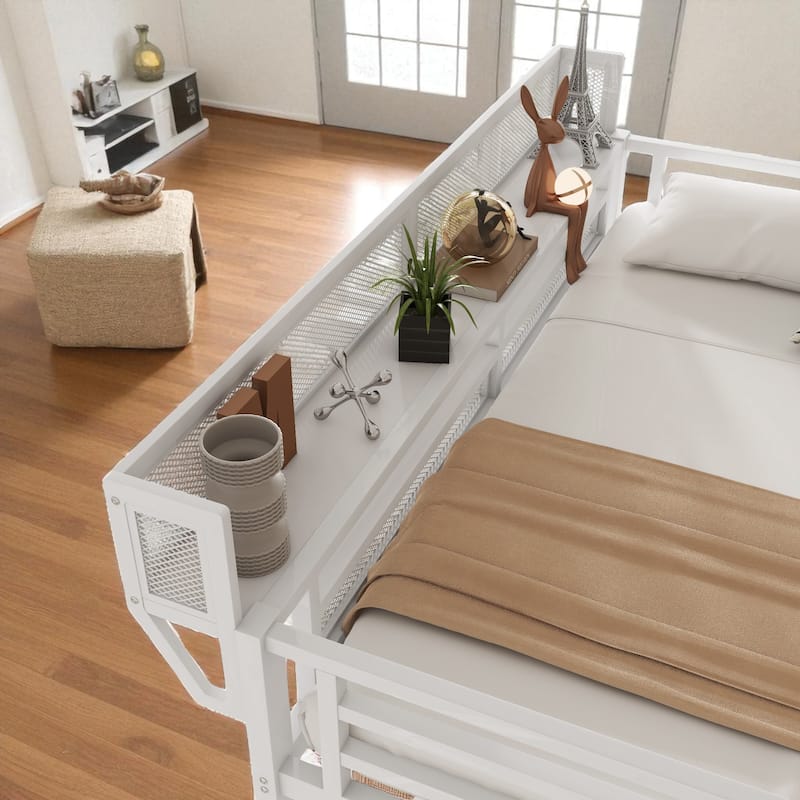 Twin XL Metal Loft Bed with Stairs, Storage Shelves and Wardrobe, High Loft Bed with Under-Bed Space