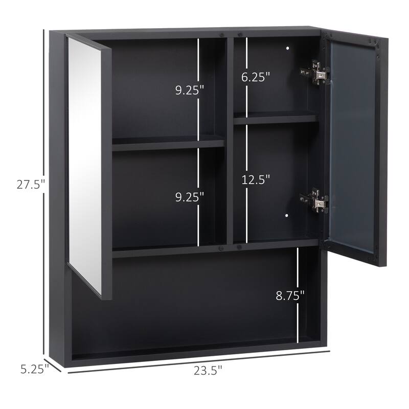 Wall-Mounted Bathroom Medicine Cabinet with Double Doors, 4 Storage Shelves, and Black Stainless Steel Frame - 5.3X23.5 in