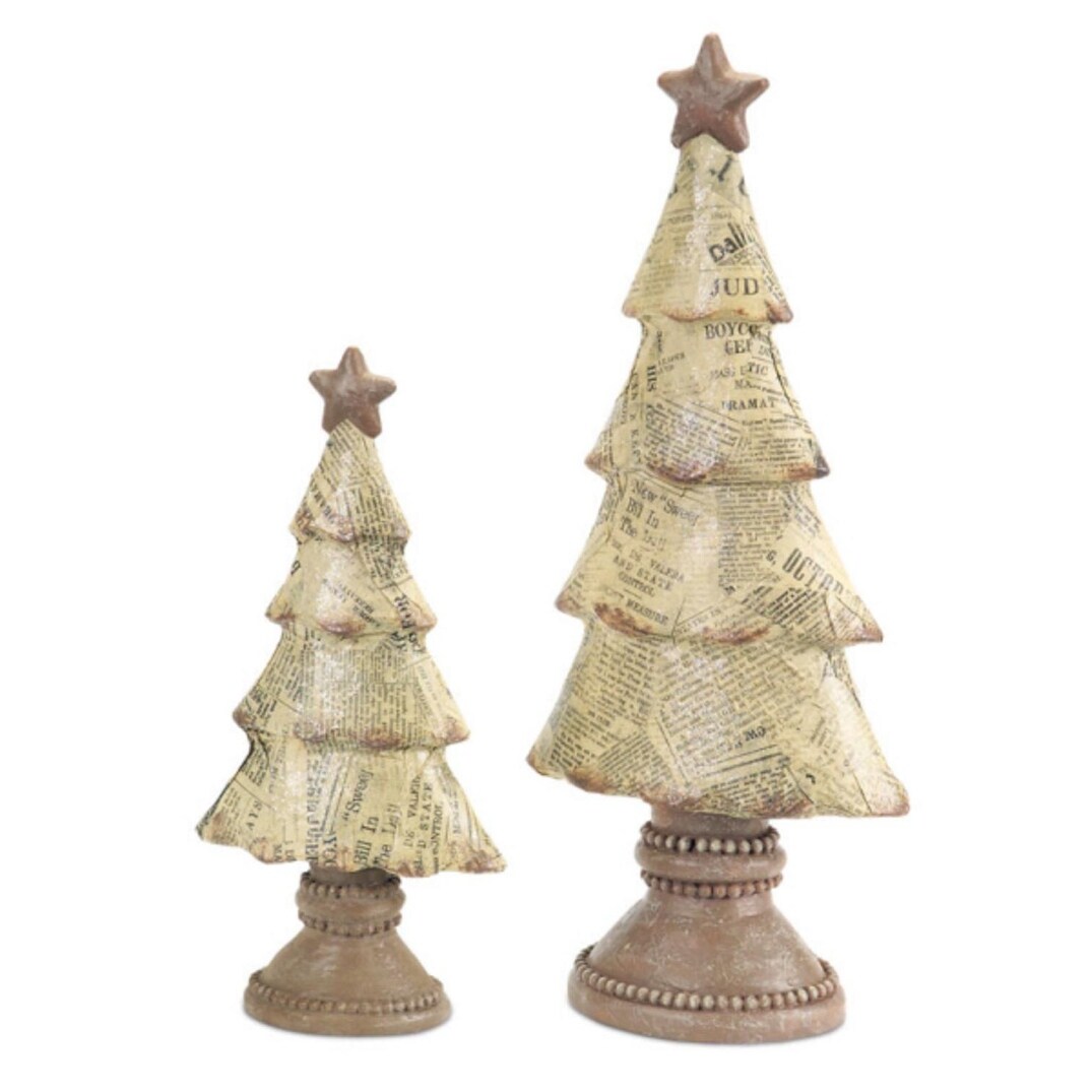 Shop Set Of 2 Beige And Brown Newspaper Print Tabletop Christmas Tree Decor 15 Under 3 Feet Overstock 16550181