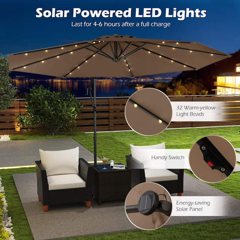 Large 10 Feet Patio Offset Umbrella with Stable Crossed Base and Solar LED Lights for Outdoor