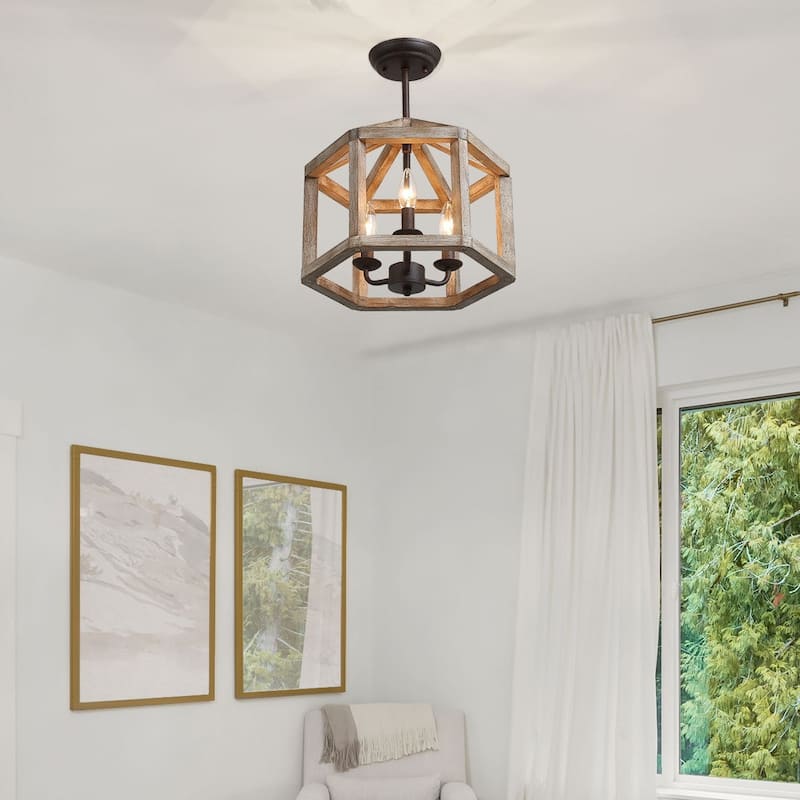 Farmhouse Wood Lantern 3-light Hand-crafted Chandelier for Dining Room - D14'' x H17.5'' - D14'' x H17.5'' - Wood+Rust
