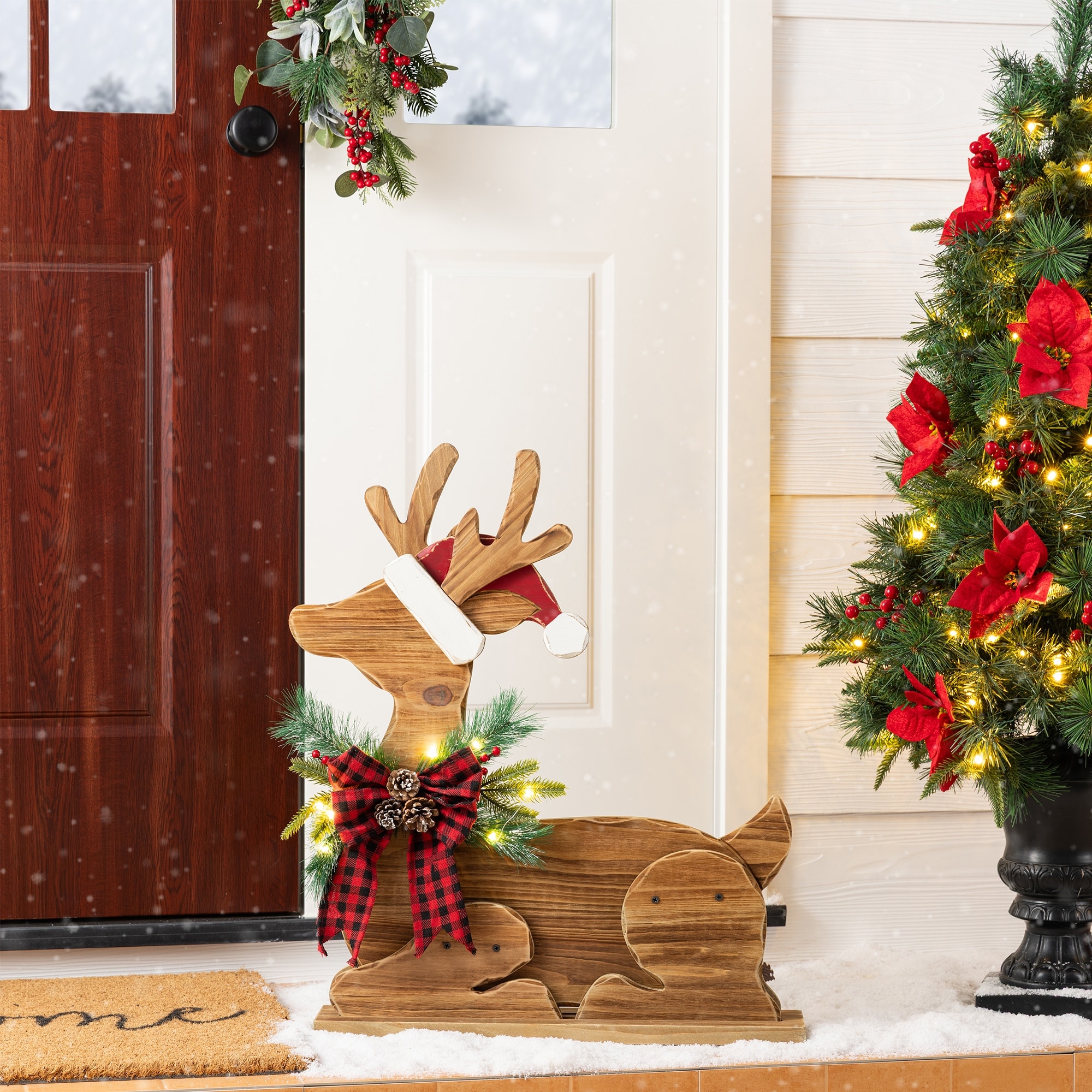 Glitzhome 25.75"H Christmas Chunky Wood Reindeer Porch Decor With Timer - 27.75''H