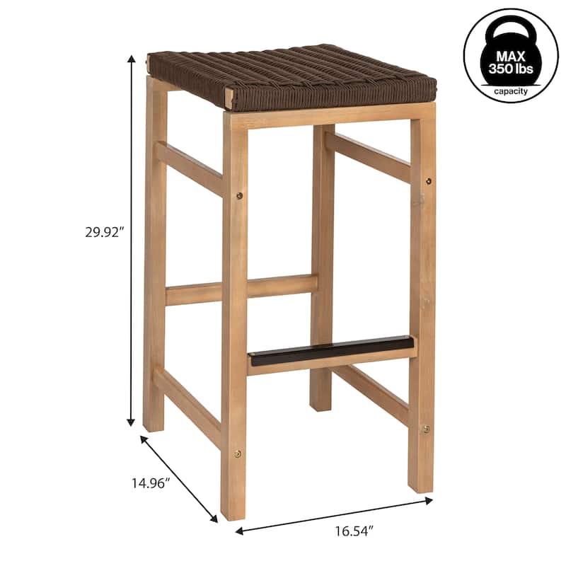 Armand Backless Acacia Wood Outdoor Stool with Woven Rope Seat, (Set of 2)