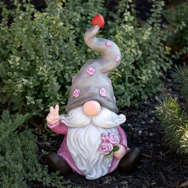 slide 2 of 5, Magnesium Garden Gnome Holding Flowers with Grey Hat Magnesium Oxide - Pink and Red - Medium