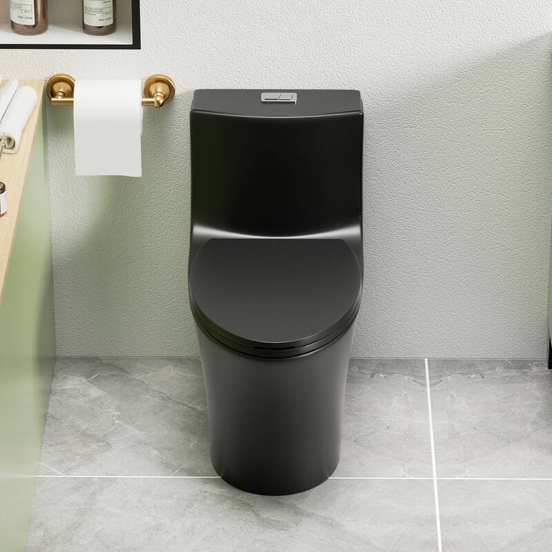 1.1/1.6 GPF Tornado Flush One-Piece Toilet Elongated, Siphonic S-trap 12",Soft Closing Seat, Button on Tank top - Matte Black