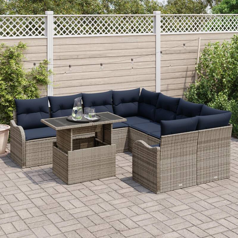 vidaXL 9 Garden Sofa Set with Cushions Black/Brown/Grey Poly Rattan - 91.5 x 92.1 x 27.2