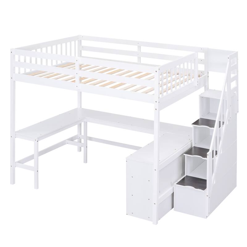 Full Size Loft Bed with L-Shaped Desk, Storage Shelves, and Staircase, White