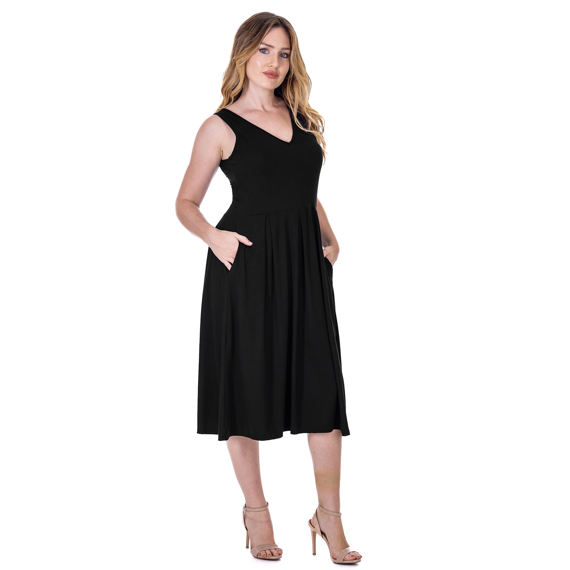 24seven Comfort Apparel Fit and Flare Midi Sleeveless Dress with Pocket Detail TURQ / XL