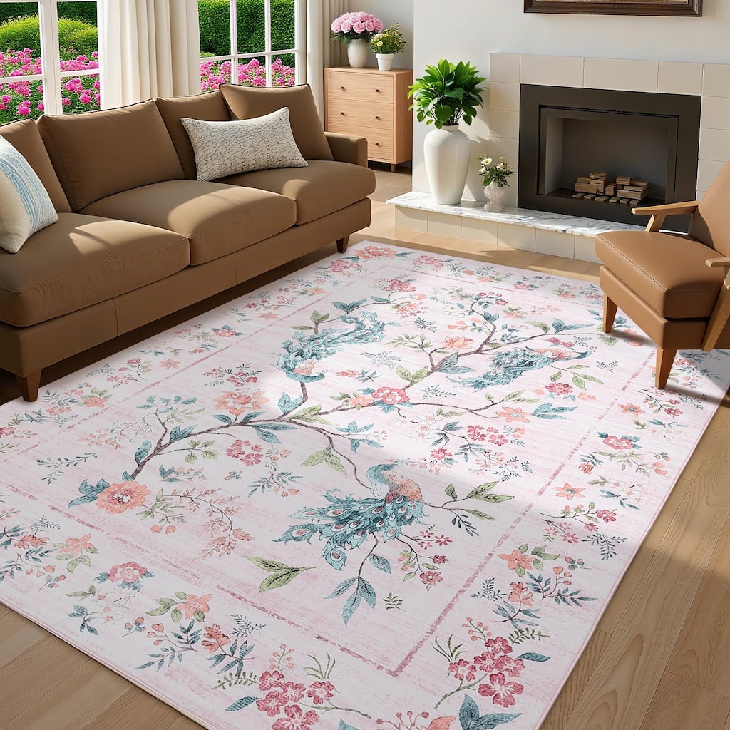Garvee Floral Peacock Garden Print Area Rug