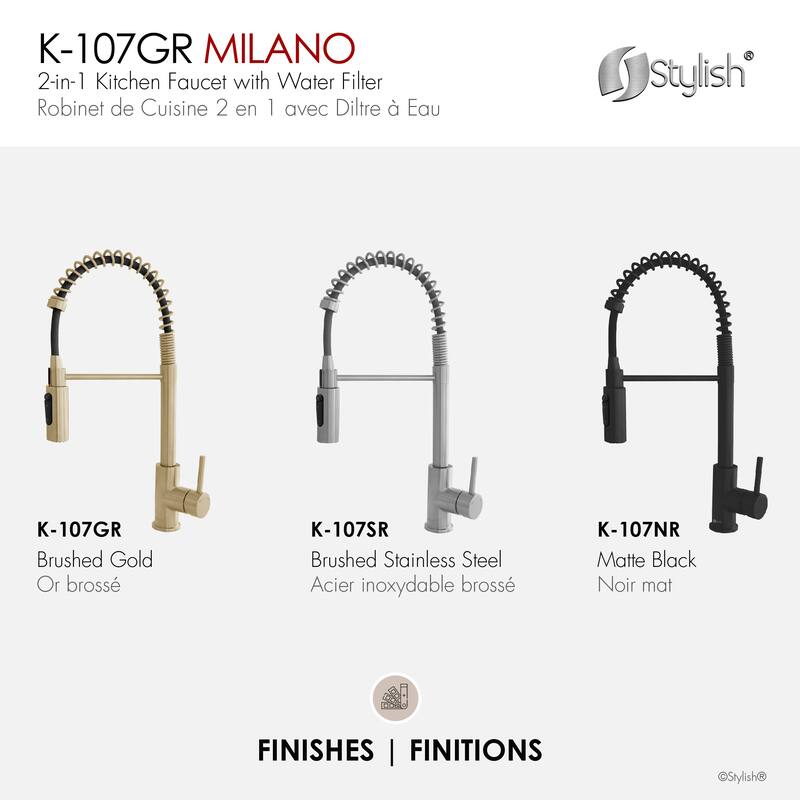 Milano Pull-Down Kitchen Faucet with water filter. Stainless Steel Gold.
