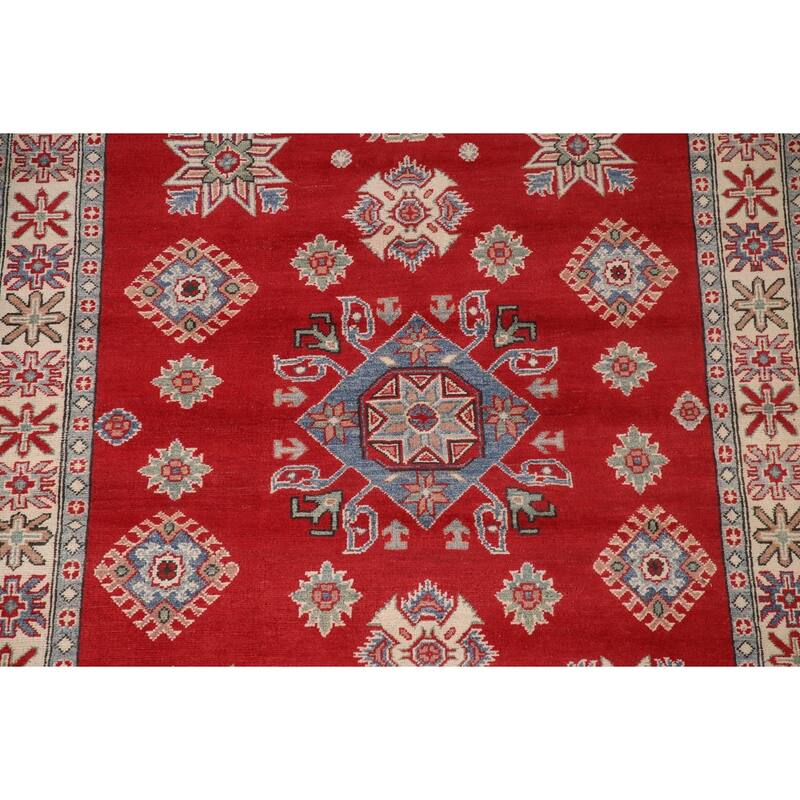 Red Geometric Kazak Area Rug Handmade Bedroom Wool Carpet - 5'0" x 6'9"