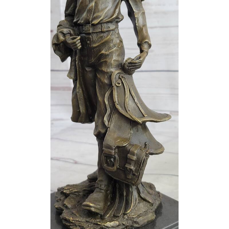 Cowboy Holding Imitative Horse Saddle Bronze Statue Sculpture Figure Western 13 Inches X 6 Inches