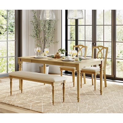 4-Piece Dining Table Set, Table with Bench & 2 Cross-Back Chairs, Oak