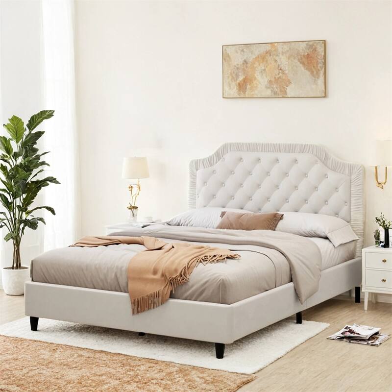 King Size Upholstered Bed with Ruched and Button Tufted Headboard