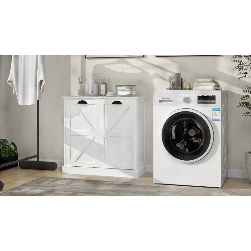 Modern Laundry Sorter Cabinet with Two Compartments and Removable Cloth Bags